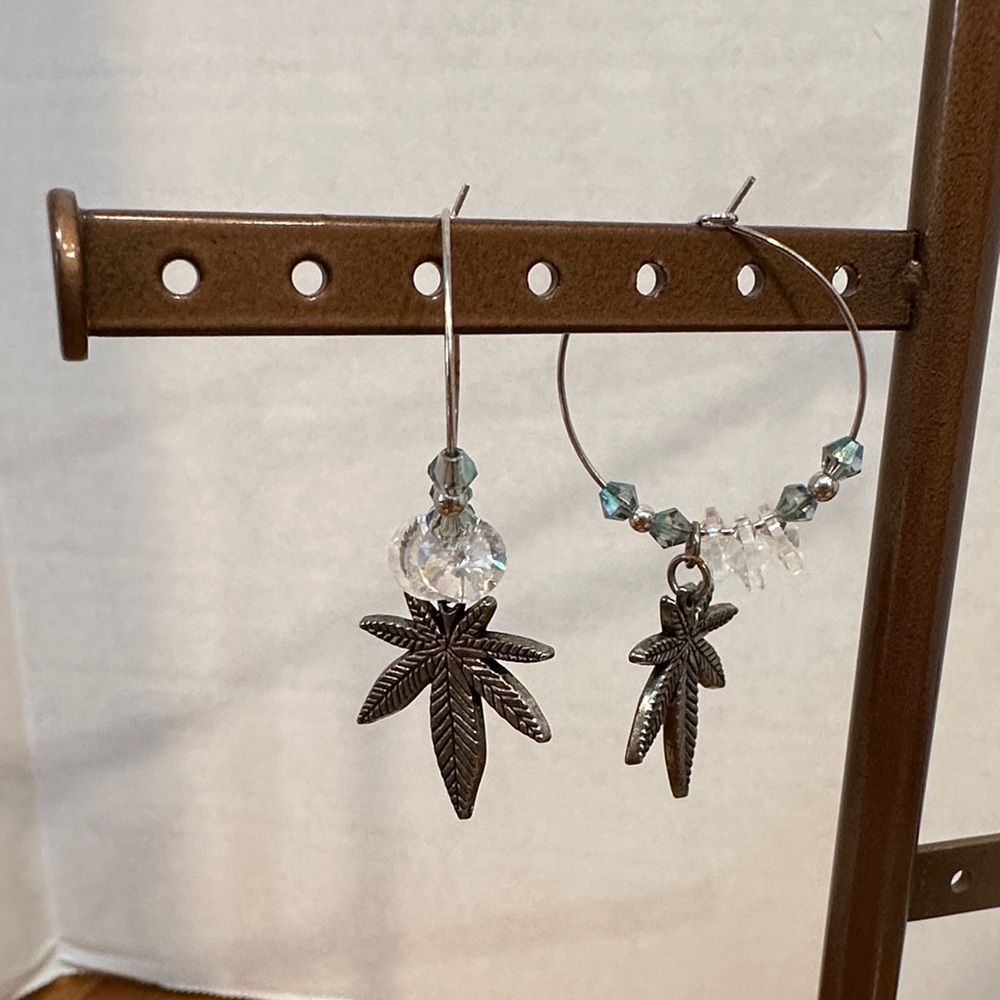 Stunning Silver Leaf Hoop Earrings with Gray AB crystals and clear crystals.